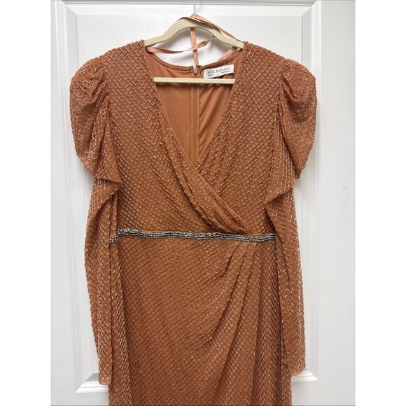 Mac Duggal Size 14 Orange Beaded Wrap Over Puff Sleeve Midi Dress Rhinestone NWT - Picture 5 of 10